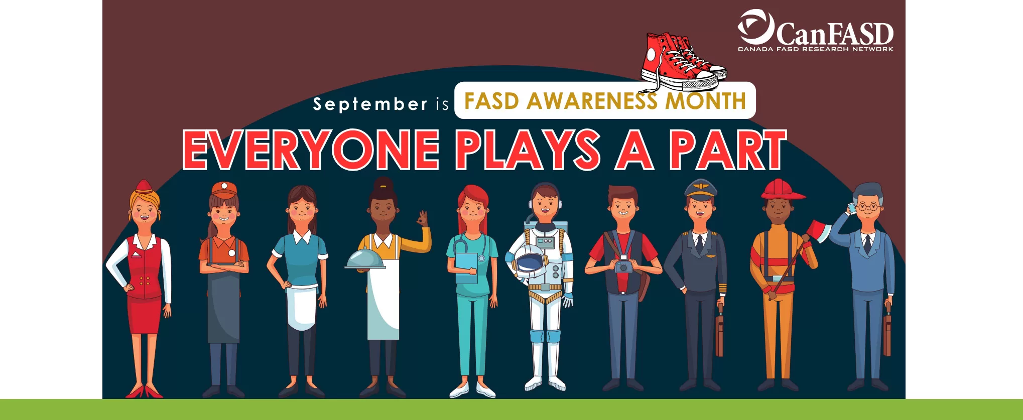 CanFASD promotional banner for FASD Awareness Month in September featuring the headline 'EVERYONE PLAYS A PART' above an illustration of ten diverse cartoon characters representing various community and professional roles.